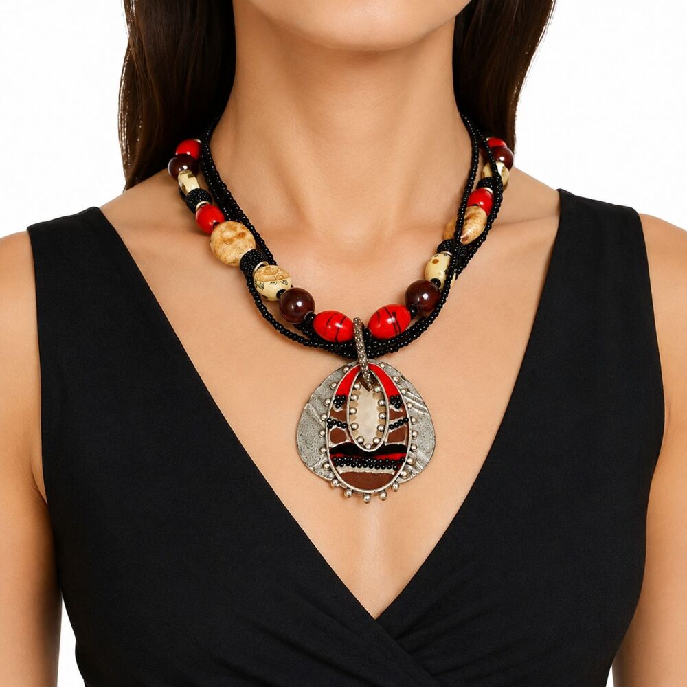 Chico's 4 Strand Boho Bold Faux Agate Cloisonne Seed Beads Pendant 21" Necklace
